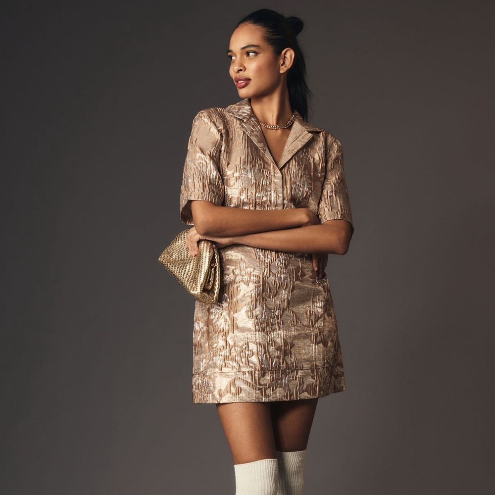NWT Anthropologie Porridge Metallic Jacquard Short Sleeve Mini Dress Copper Med